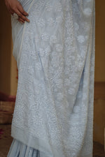 Urviya Chikankari Georgette Tone on Tone Saree With Cutdana and Pearl Work Blue
