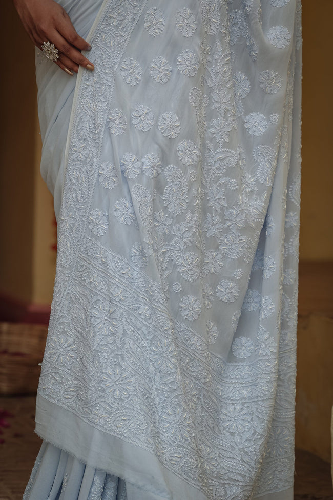 Urviya Chikankari Georgette Tone on Tone Saree With Cutdana and Pearl Work Blue