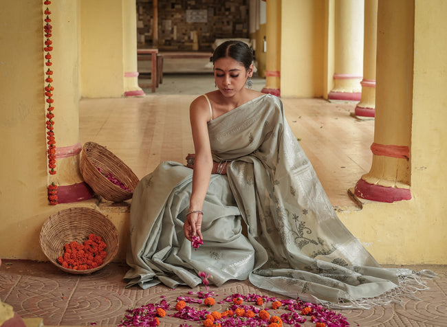 Urviya Chikankari Chanderi Banarasi Tone on Tone Saree Dark Green