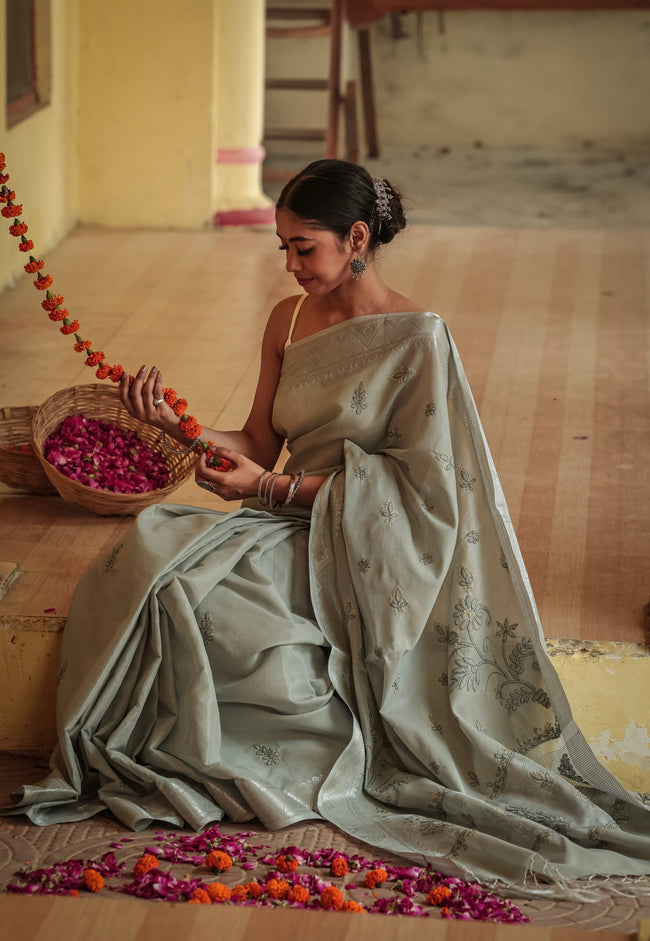 Urviya Chikankari Chanderi Banarasi Tone on Tone Saree Dark Green
