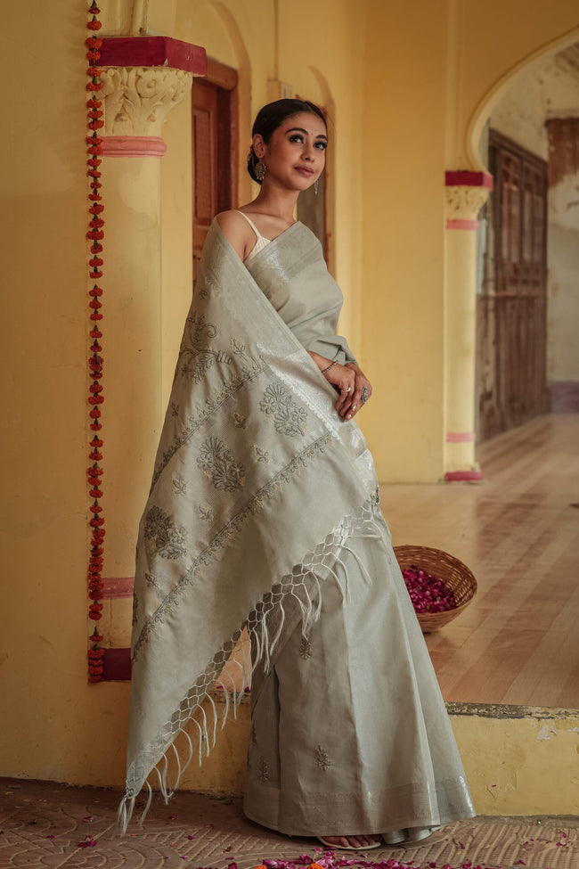 Urviya Chikankari Chanderi Banarasi Tone on Tone Saree Dark Green