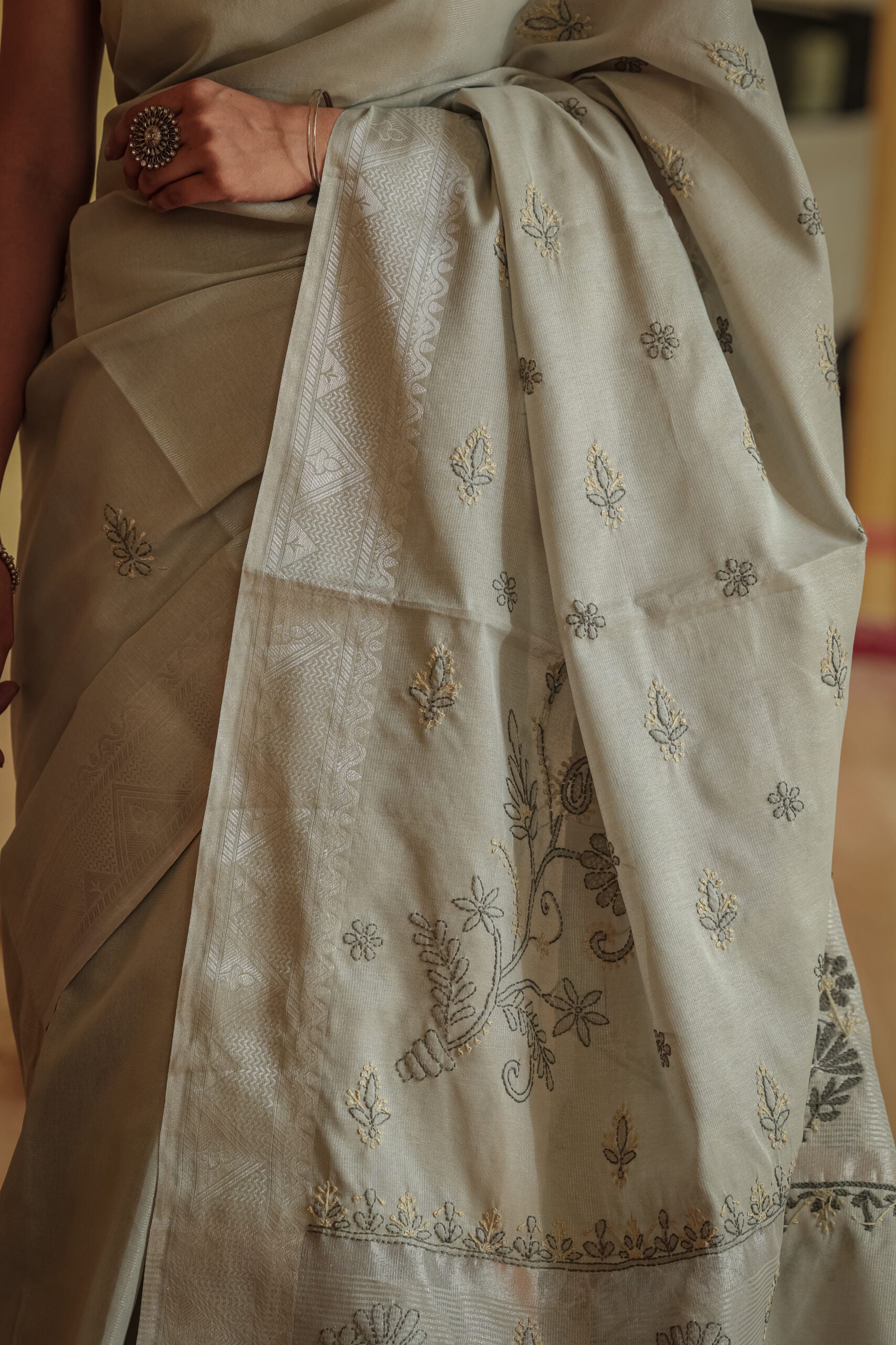 Urviya Chikankari Chanderi Banarasi Tone on Tone Saree Gray