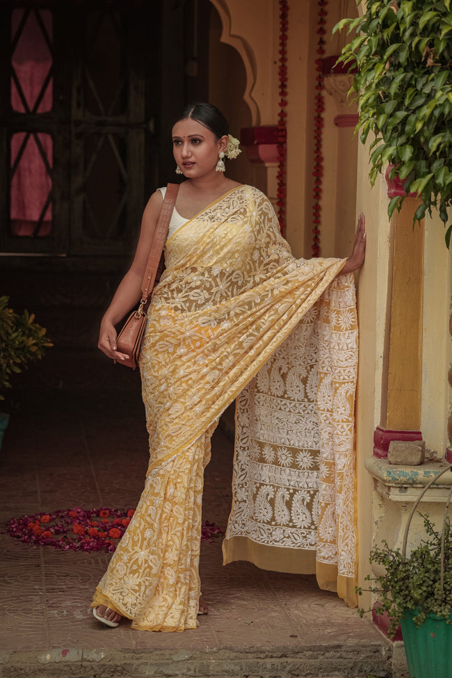 Urviya Chikankari Viscose Georgette Saree - Full Jaal Work Yellow