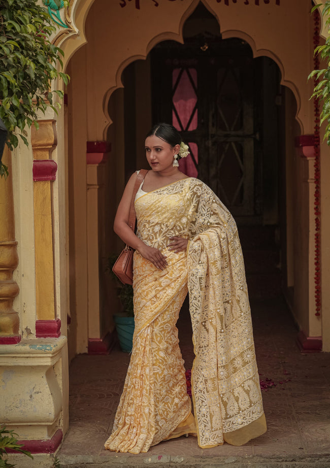 Urviya Chikankari Viscose Georgette Saree - Full Jaal Work Yellow
