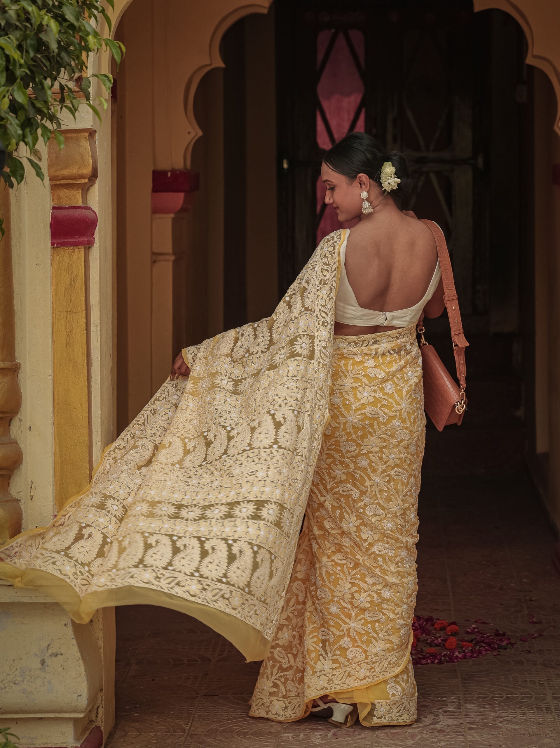 Urviya Chikankari Viscose Georgette Saree - Full Jaal Work Yellow