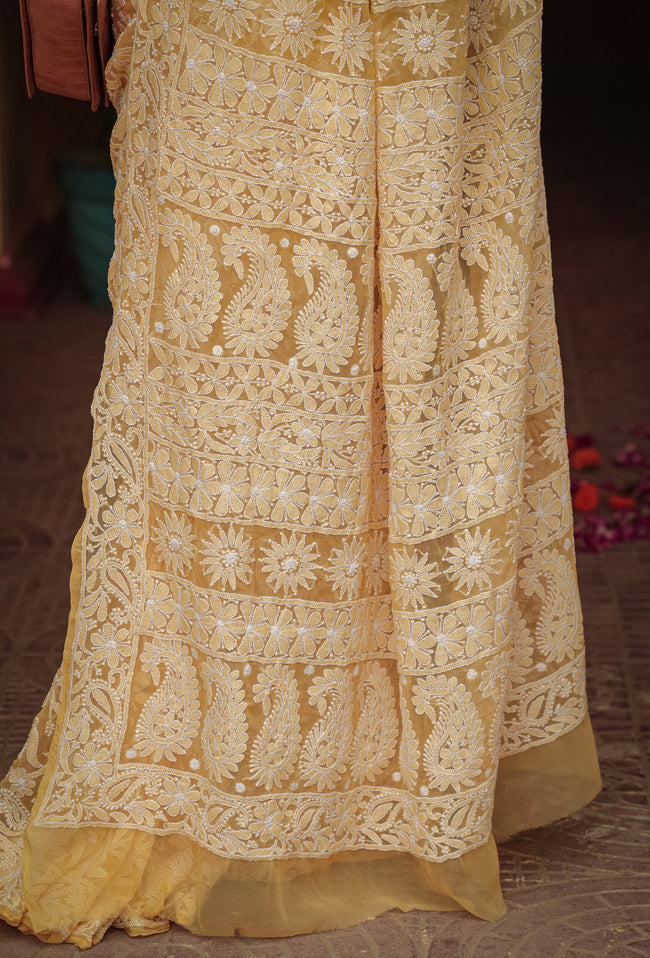 Urviya Chikankari Viscose Georgette Saree - Full Jaal Work Yellow