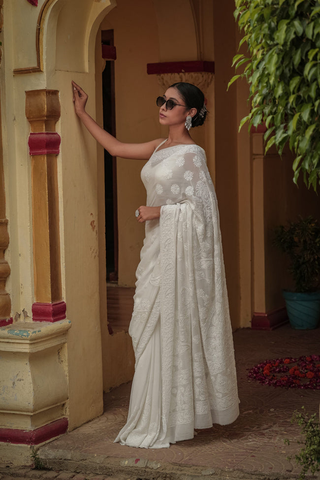 Urviya Chikankari Georgette Tone on Tone Saree With Cutdana and Pearl Work White