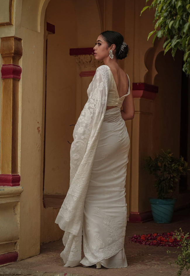 Urviya Chikankari Georgette Tone on Tone Saree With Cutdana and Pearl Work White
