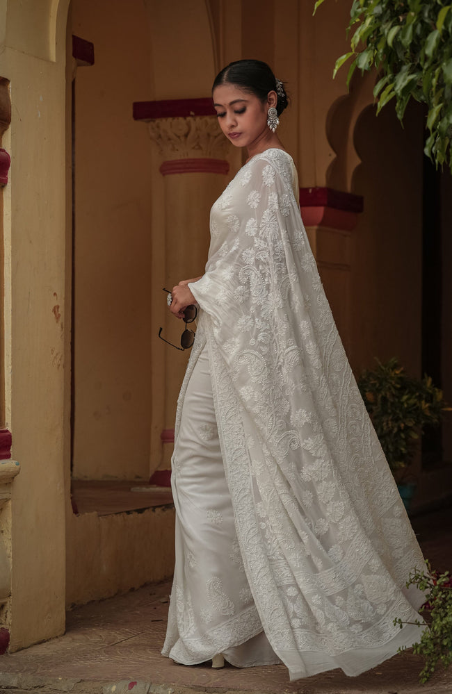 Urviya Chikankari Georgette Tone on Tone Saree With Cutdana and Pearl Work White