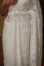 Urviya Chikankari Georgette Tone on Tone Saree With Cutdana and Pearl Work White