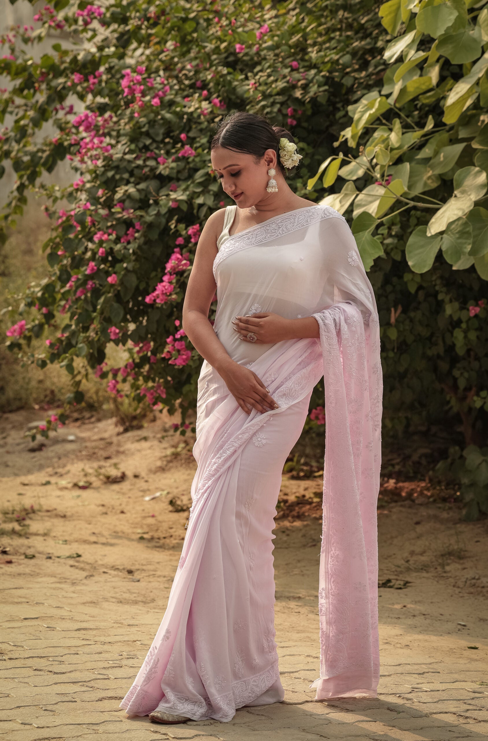 Urviya Chikankari Georgette Tone on Tone Saree With Cutdana and Pearl Work Pink