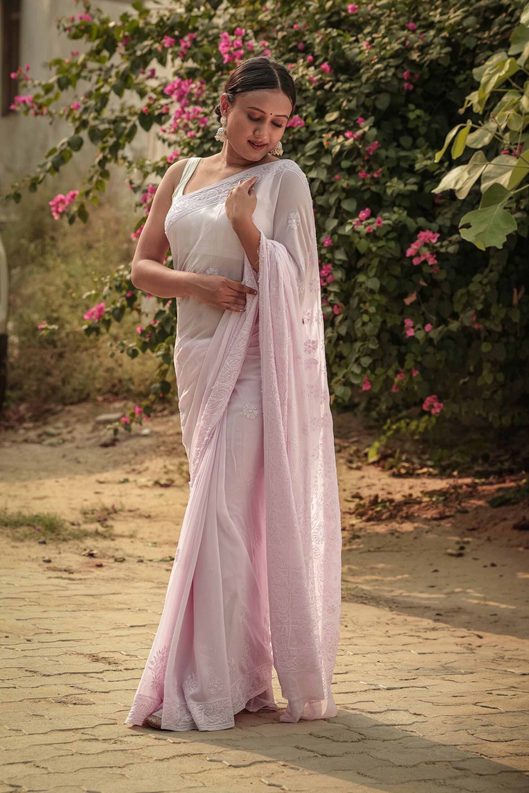 Urviya Chikankari Georgette Tone on Tone Saree With Cutdana and Pearl Work Pink