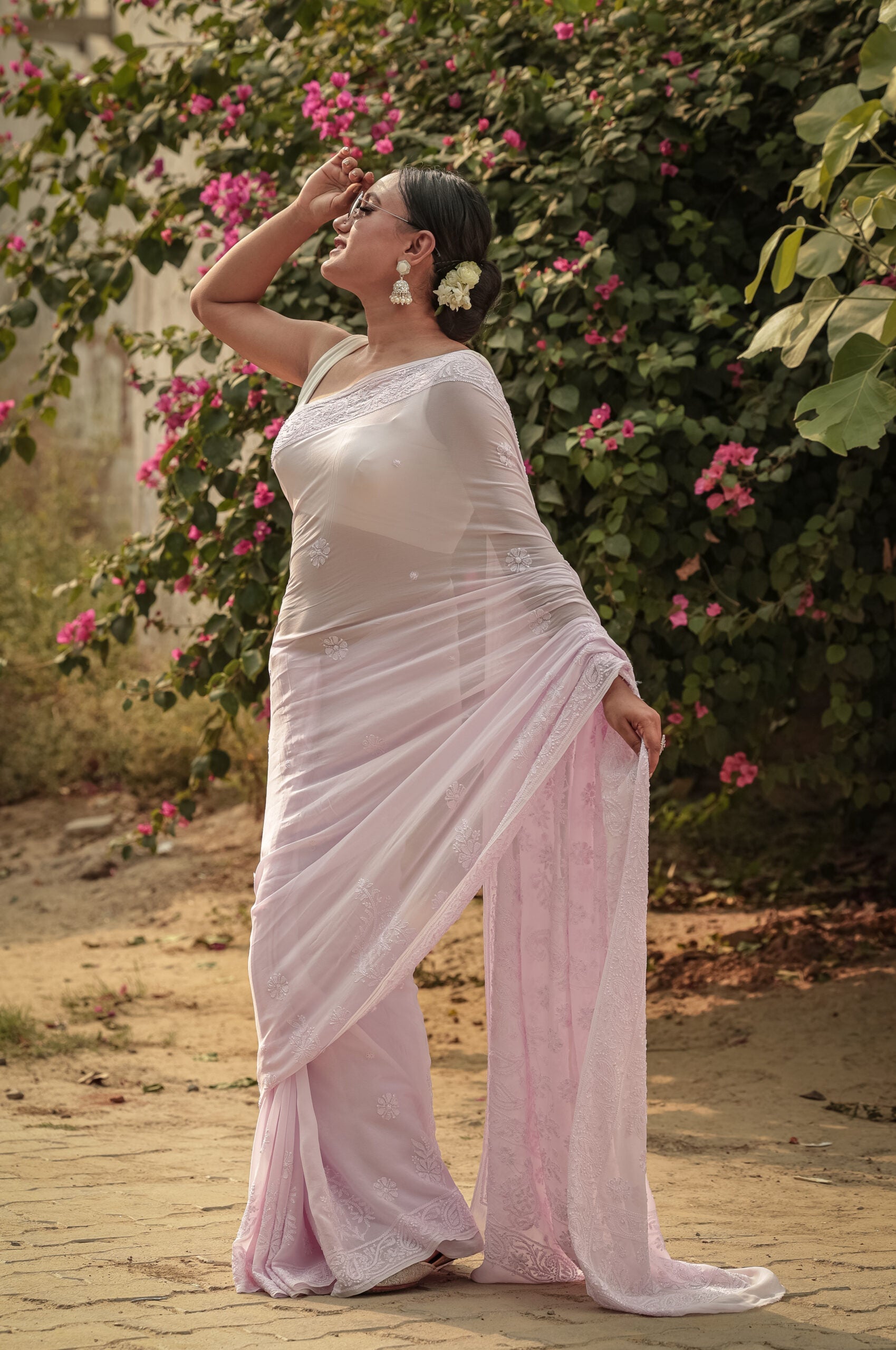 Urviya Chikankari Georgette Tone on Tone Saree With Cutdana and Pearl Work Pink