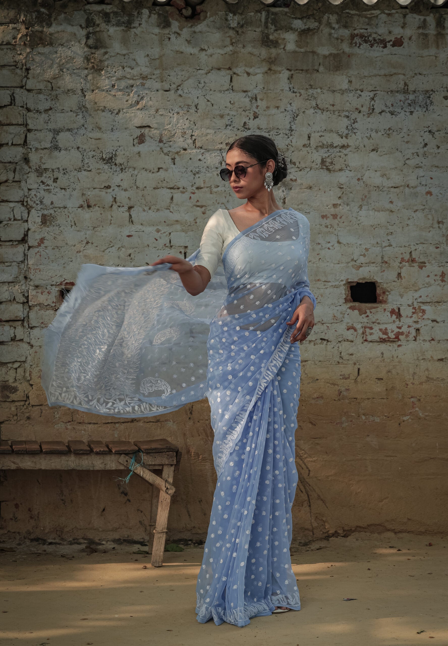 Urviya Chikankari Viscose Georgette Saree with Keel Jaal Work Blue