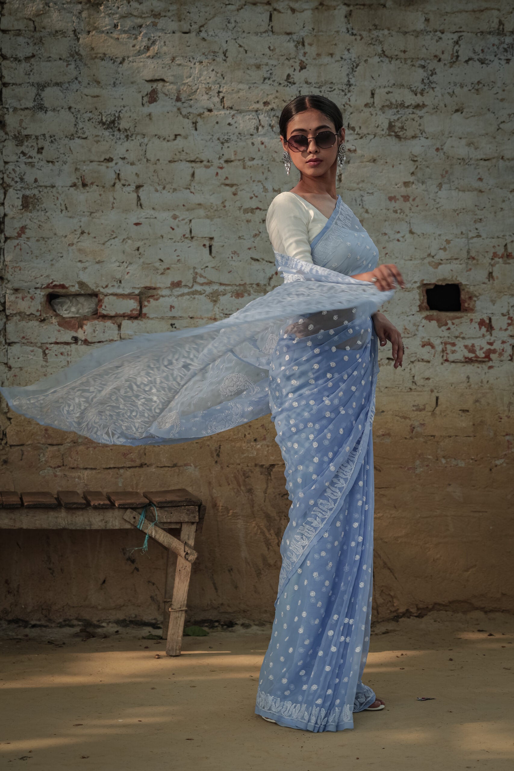 Urviya Chikankari Viscose Georgette Saree with Keel Jaal Work Blue