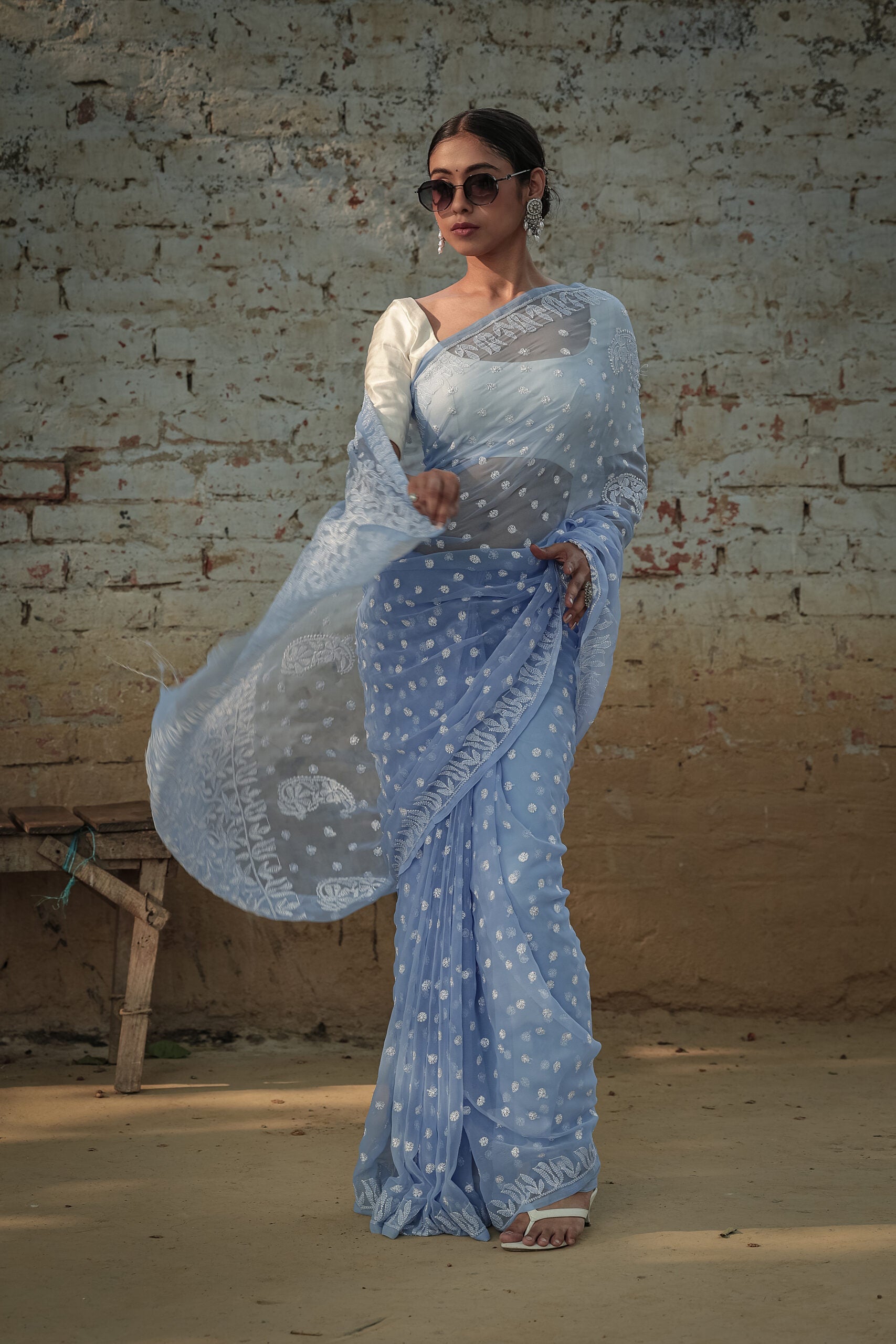 Urviya Chikankari Viscose Georgette Saree with Keel Jaal Work Blue