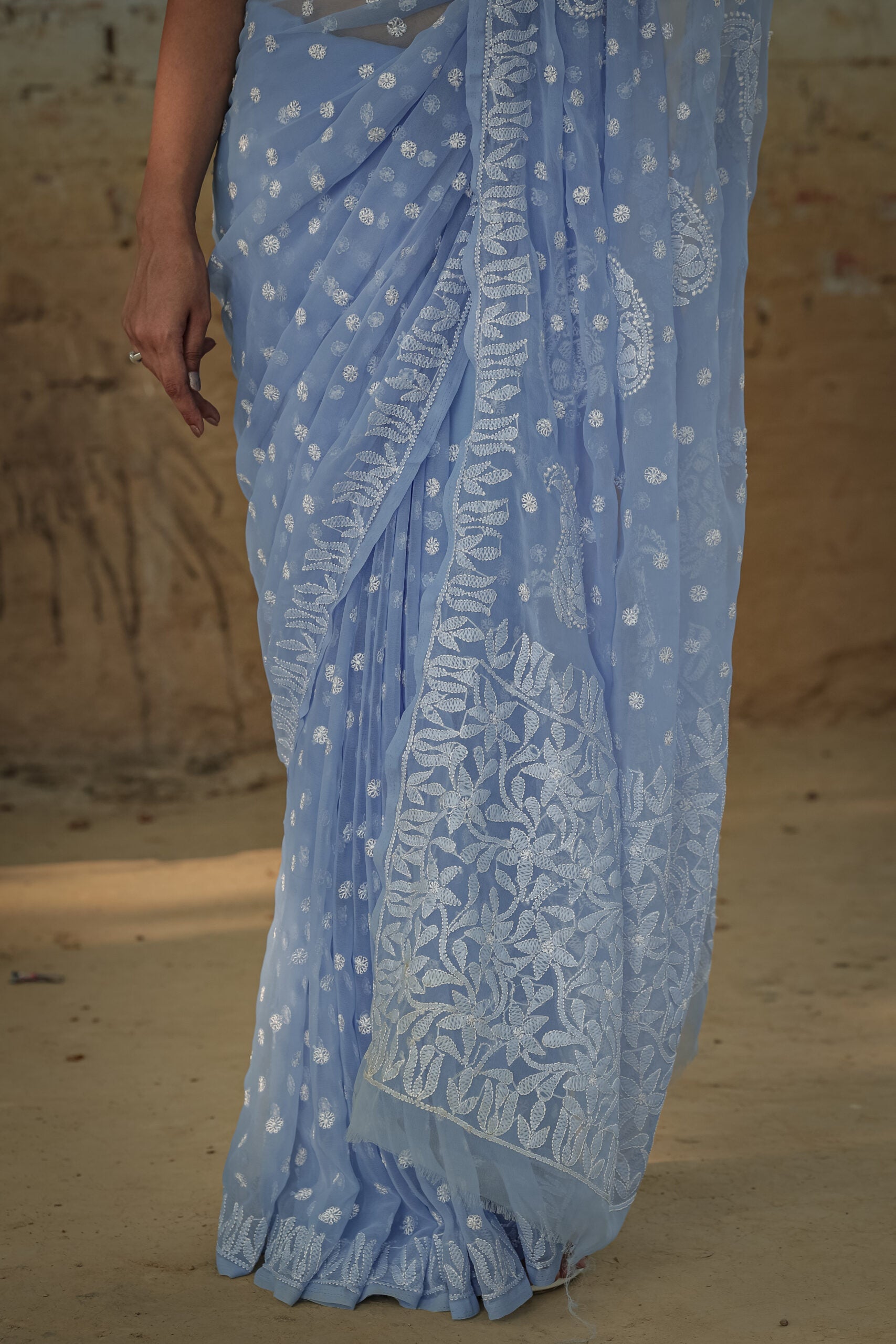 Urviya Chikankari Viscose Georgette Saree with Keel Jaal Work Blue