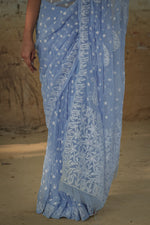 Urviya Chikankari Viscose Georgette Saree with Keel Jaal Work Blue