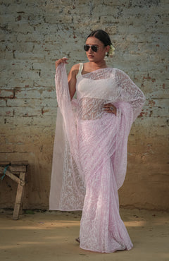 Pink Viscose Georgette Chikankari Tepchi Work Saree