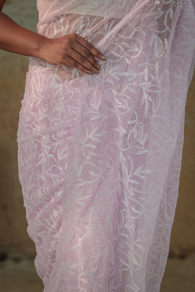 Urviya Chikankari Viscose Georgette Saree with Tepchi Work Pink