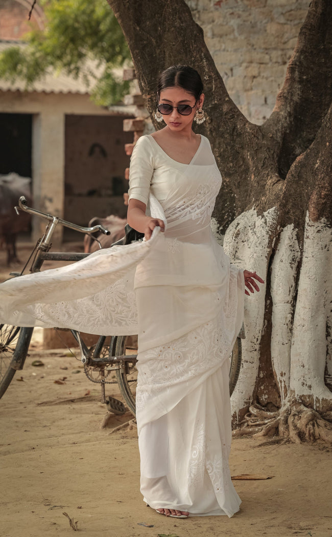 Urviya Chikankari Georgette Tone on Tone Saree with Mukaish Work White