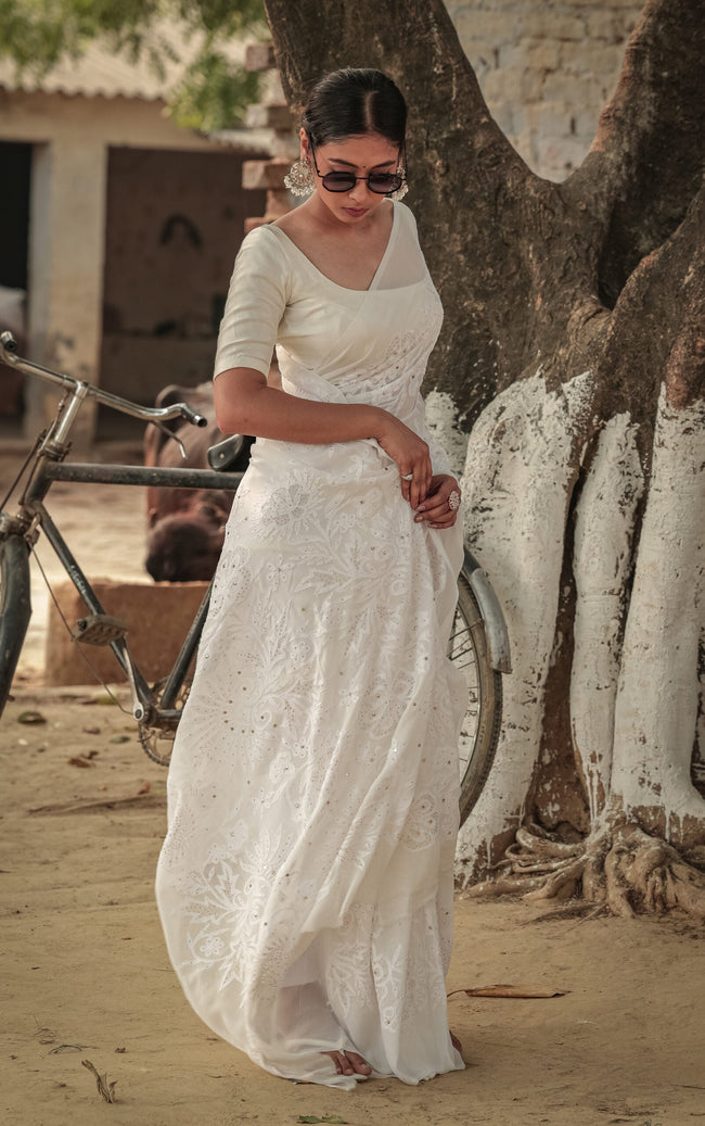 Urviya Chikankari Georgette Tone on Tone Saree with Mukaish Work White