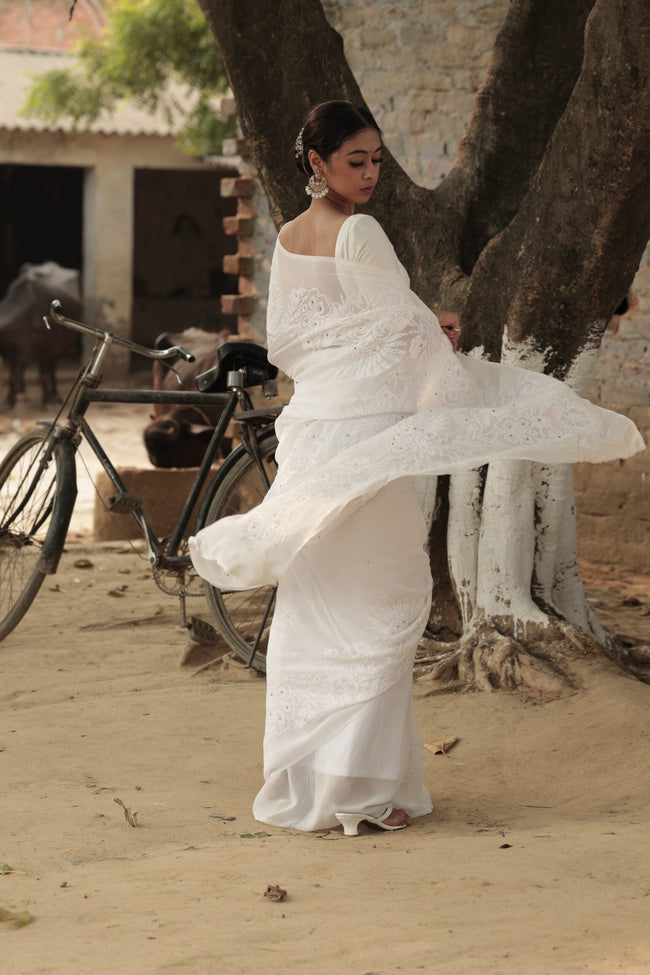 Urviya Chikankari Georgette Tone on Tone Saree with Mukaish Work White