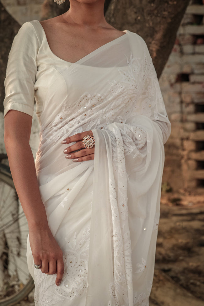 Urviya Chikankari Georgette Tone on Tone Saree with Mukaish Work White