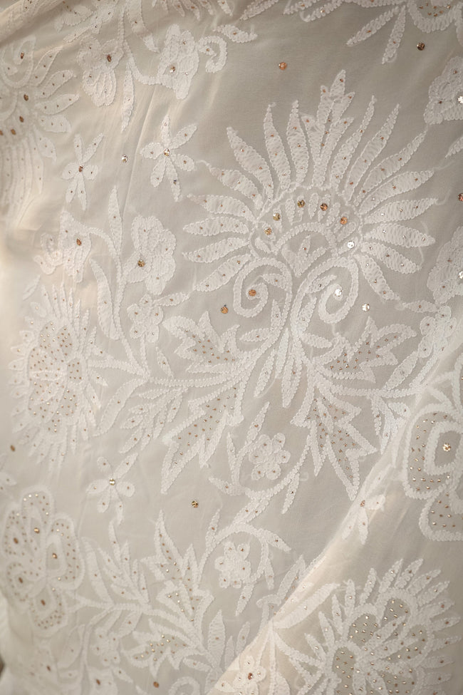 Urviya Chikankari Georgette Tone on Tone Saree with Mukaish Work White