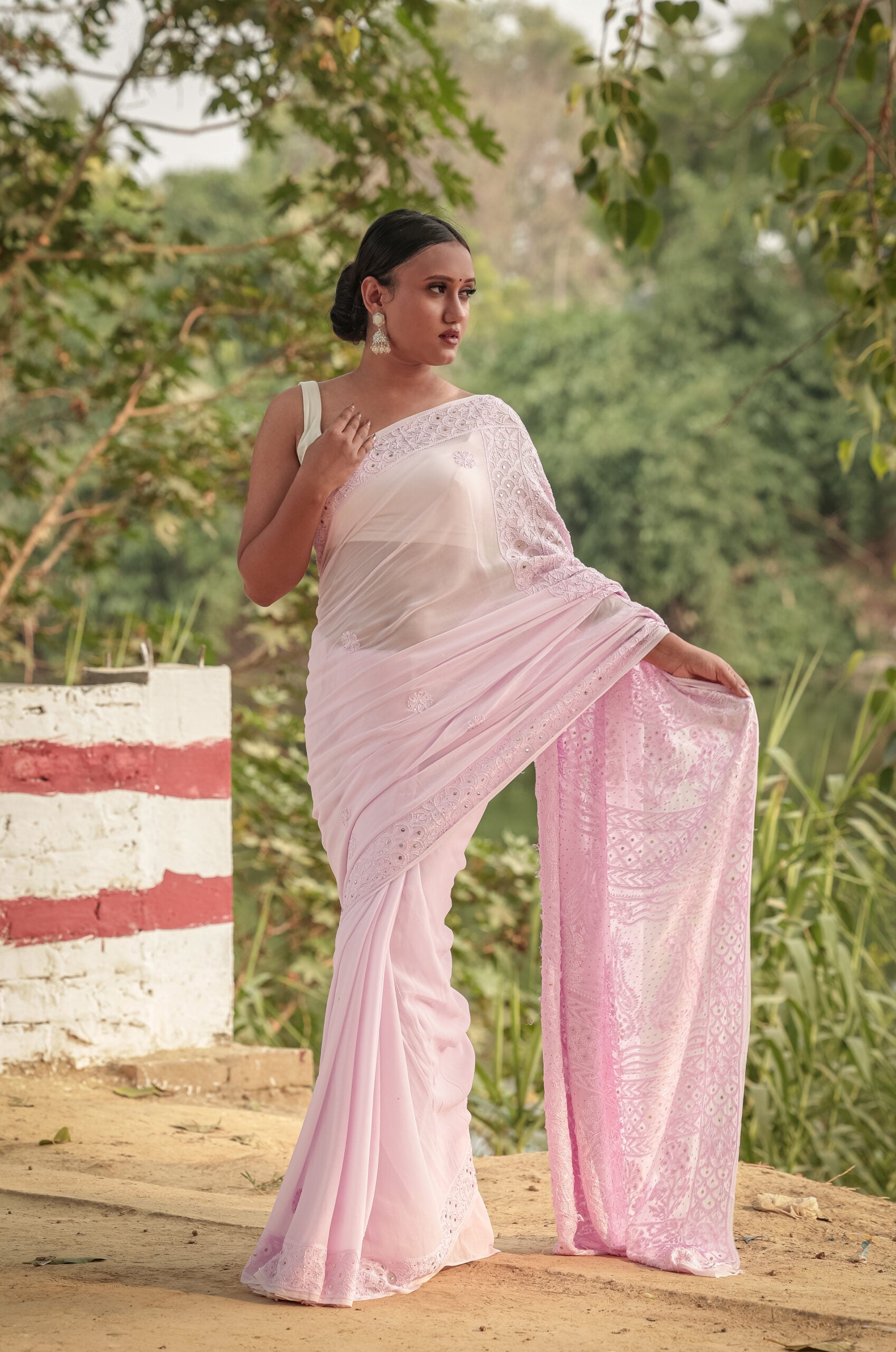 Urviya Chikankari Georgette Tone on Tone Saree with Mukaish Work Pink