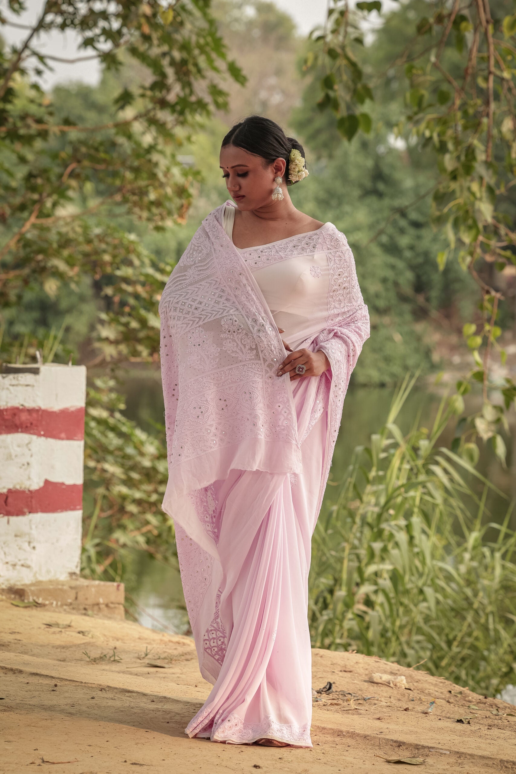 Urviya Chikankari Georgette Tone on Tone Saree with Mukaish Work Pink