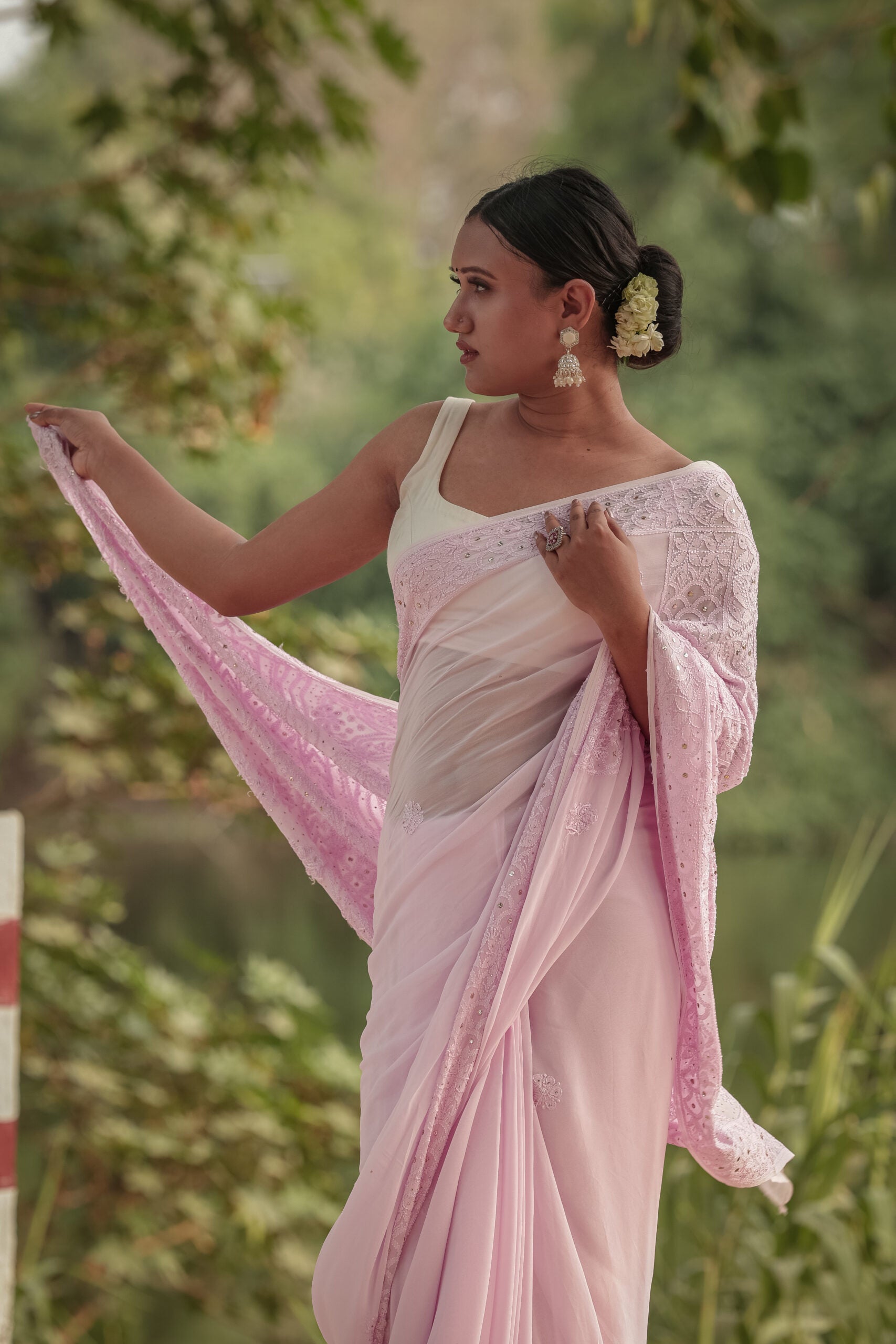 Urviya Chikankari Georgette Tone on Tone Saree with Mukaish Work Pink