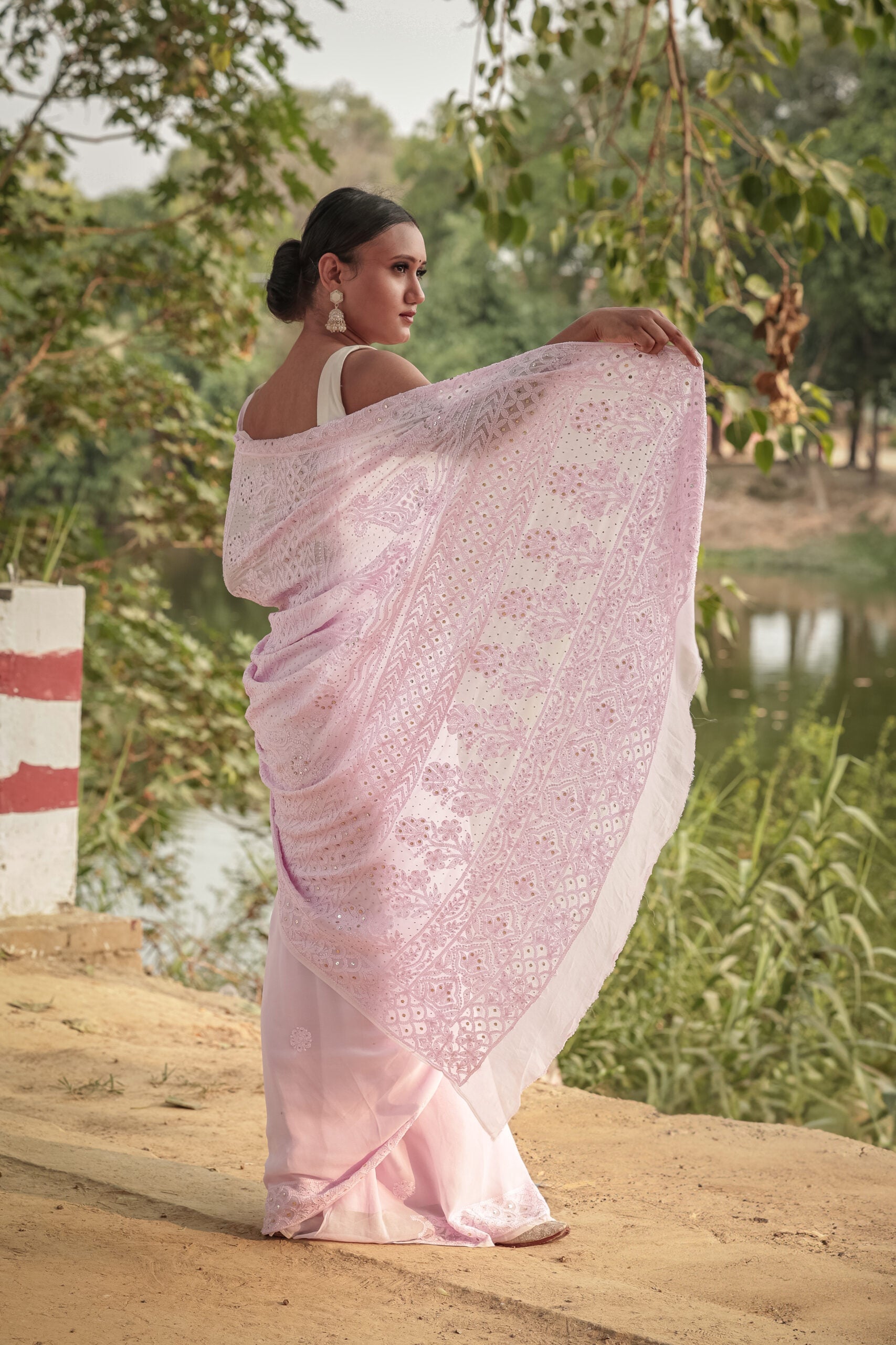 Urviya Chikankari Georgette Tone on Tone Saree with Mukaish Work Pink
