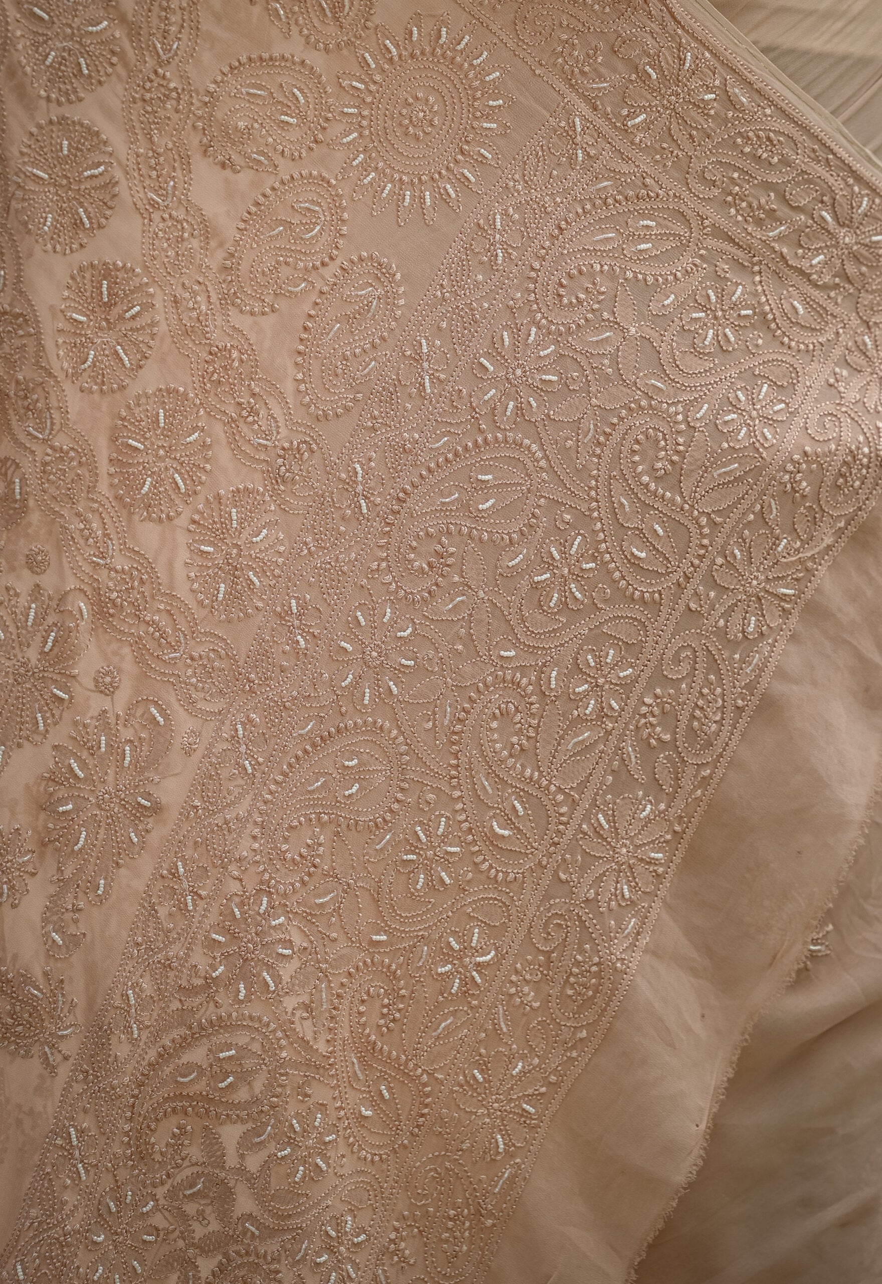 Urviya Chikankari Georgette Tone on Tone Saree With Cutdana and Pearl Work Brown