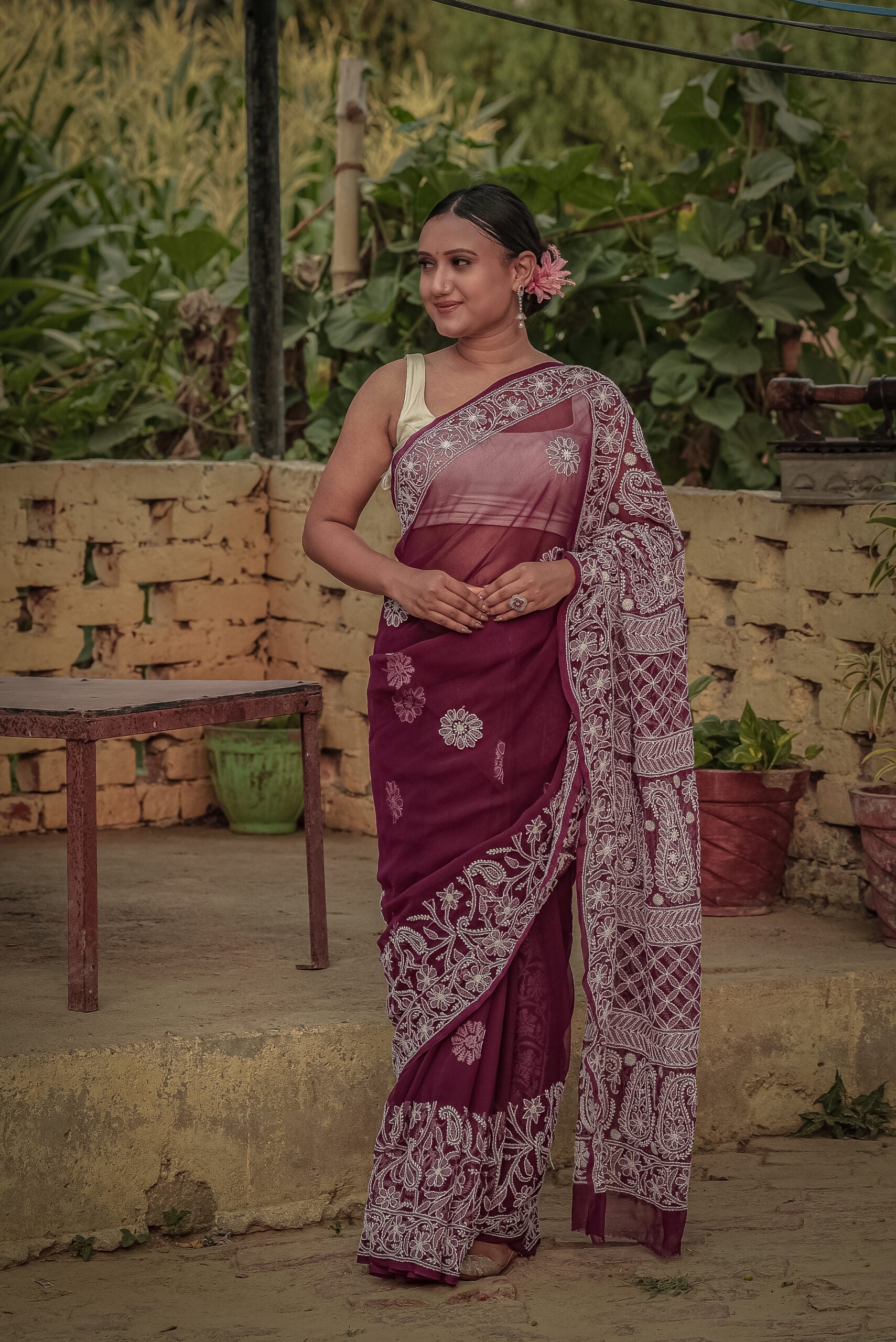 Urviya Chikankari Viscose Georgette Saree with Skirt Border Palla Purple