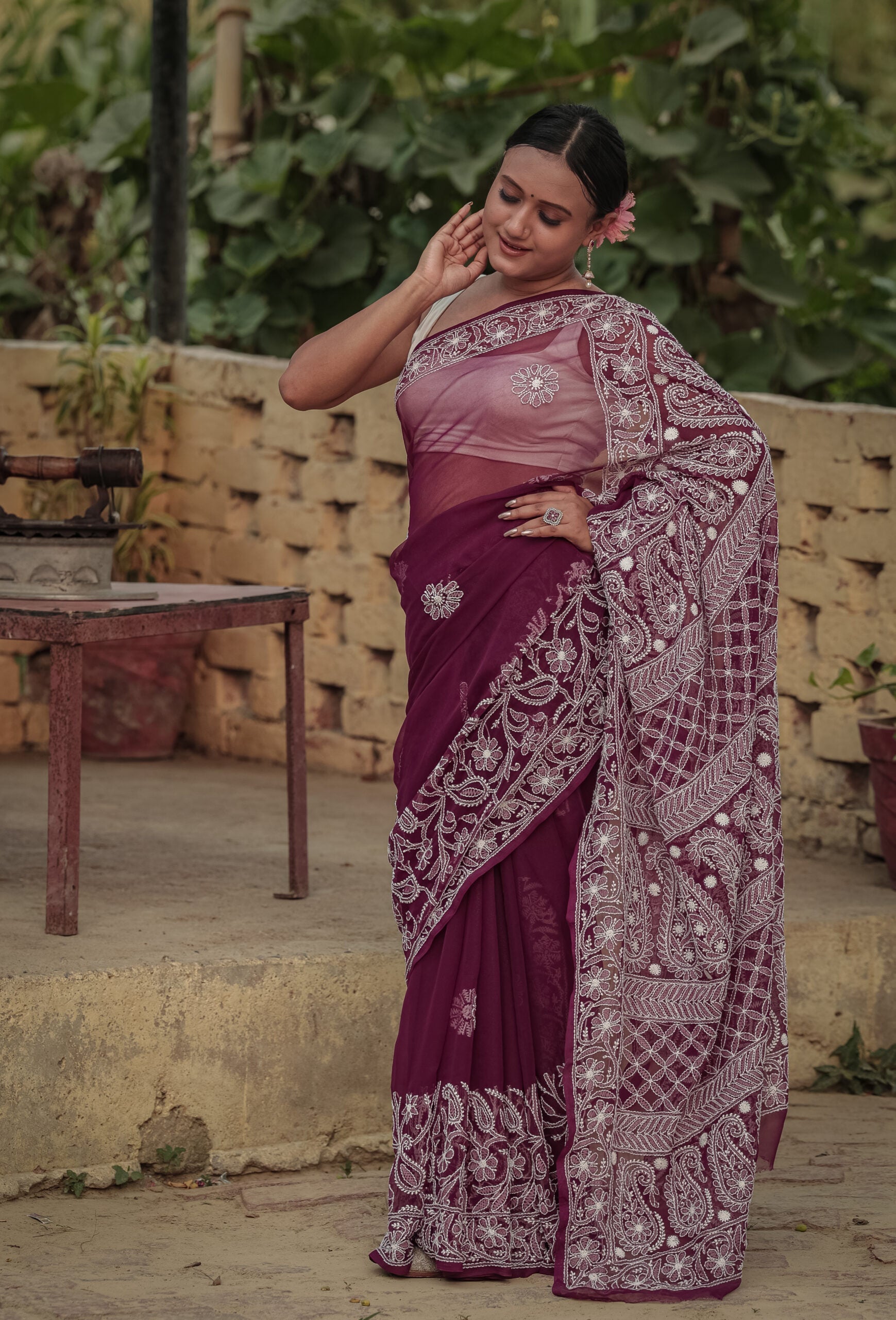 Urviya Chikankari Viscose Georgette Saree with Skirt Border Palla Purple