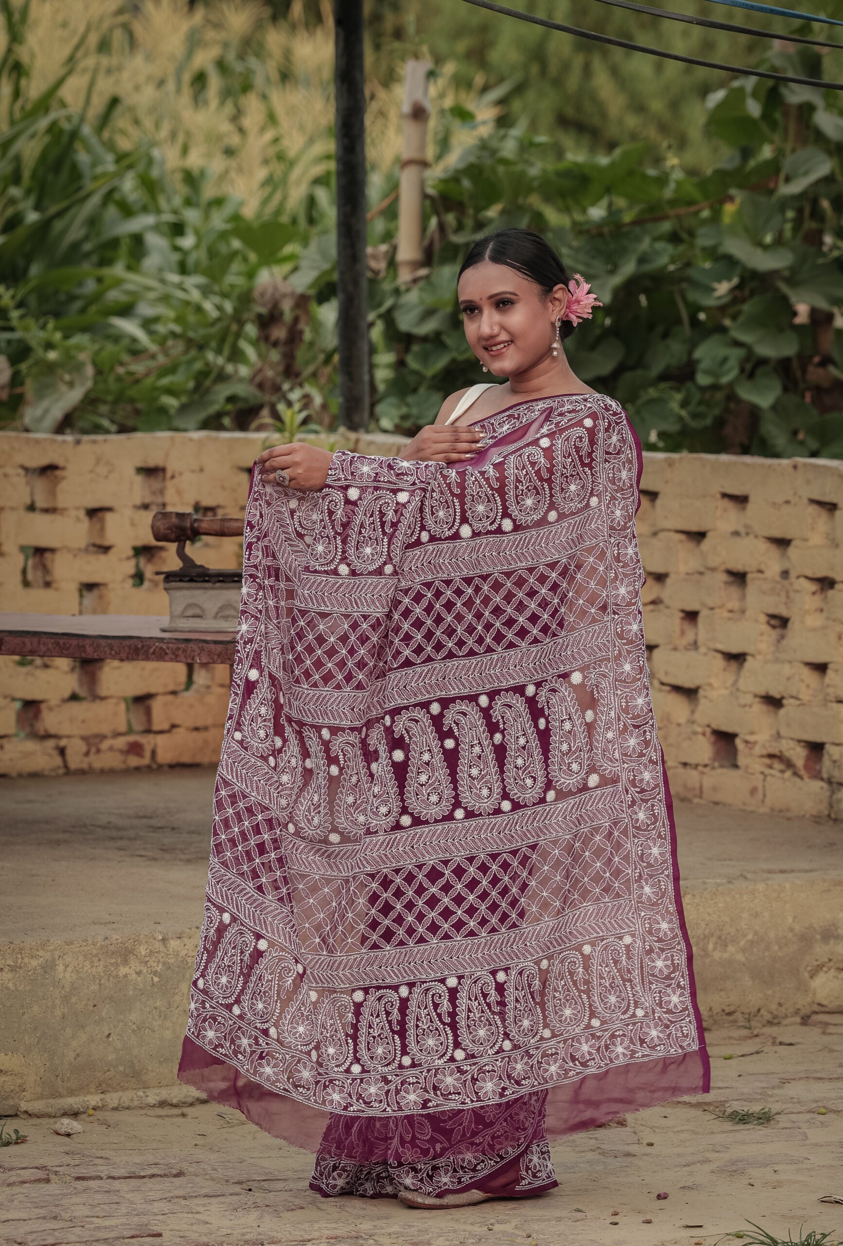 Purple Viscose Georgette Chikankari Skirt Border Palla Saree