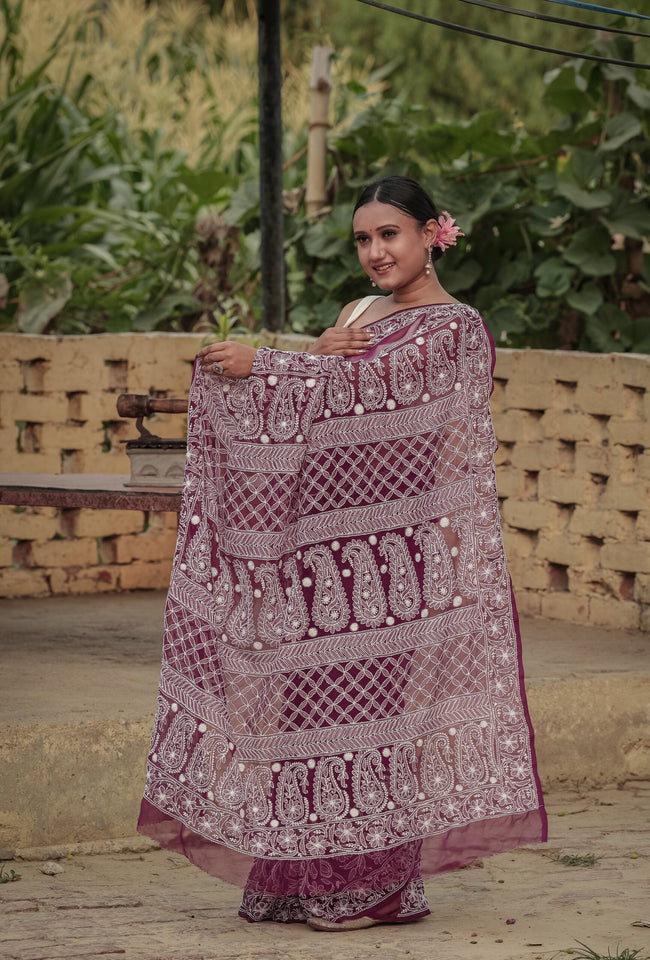 Urviya Chikankari Viscose Georgette Saree with Skirt Border Purple