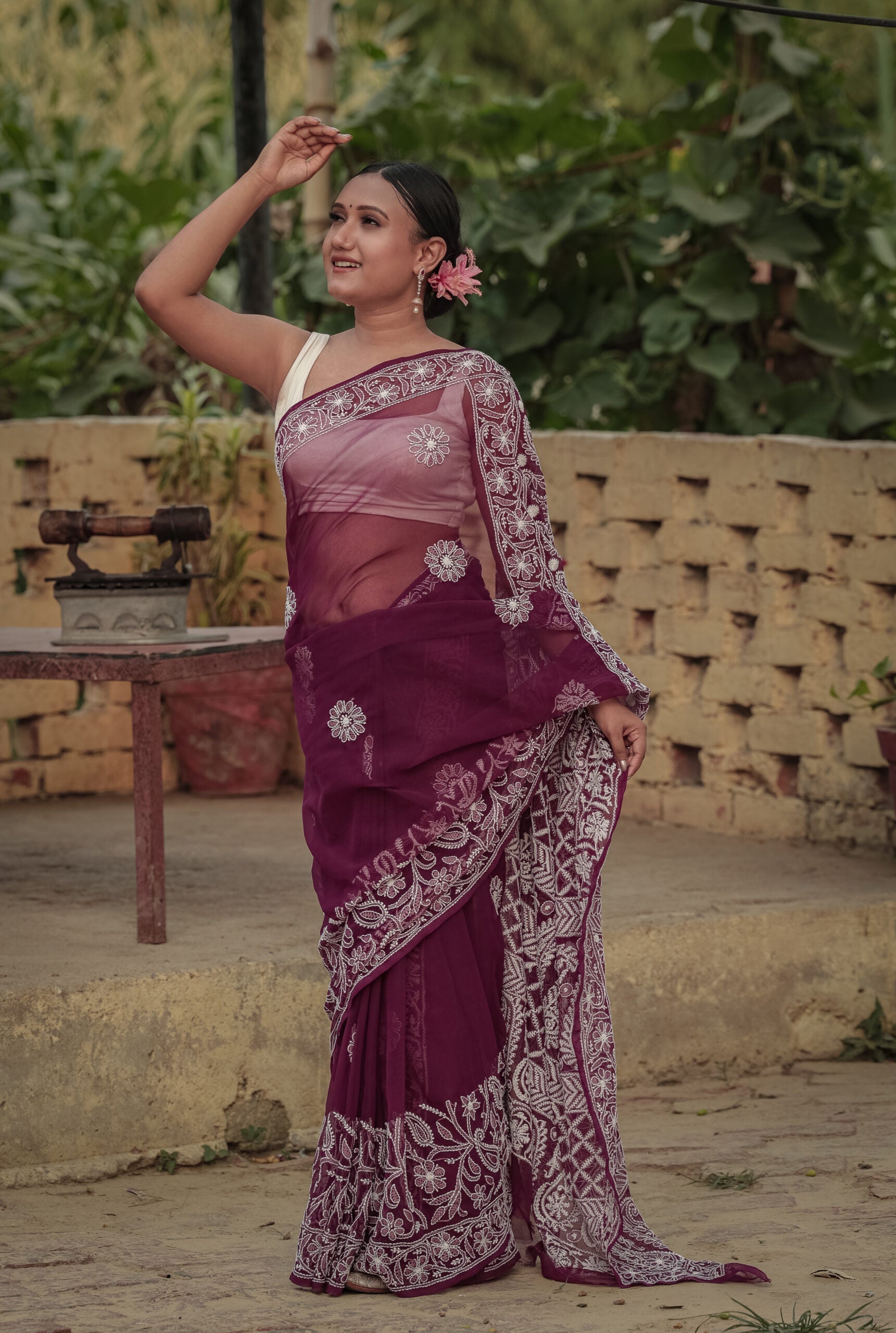 Purple Viscose Georgette Chikankari Skirt Border Palla Saree