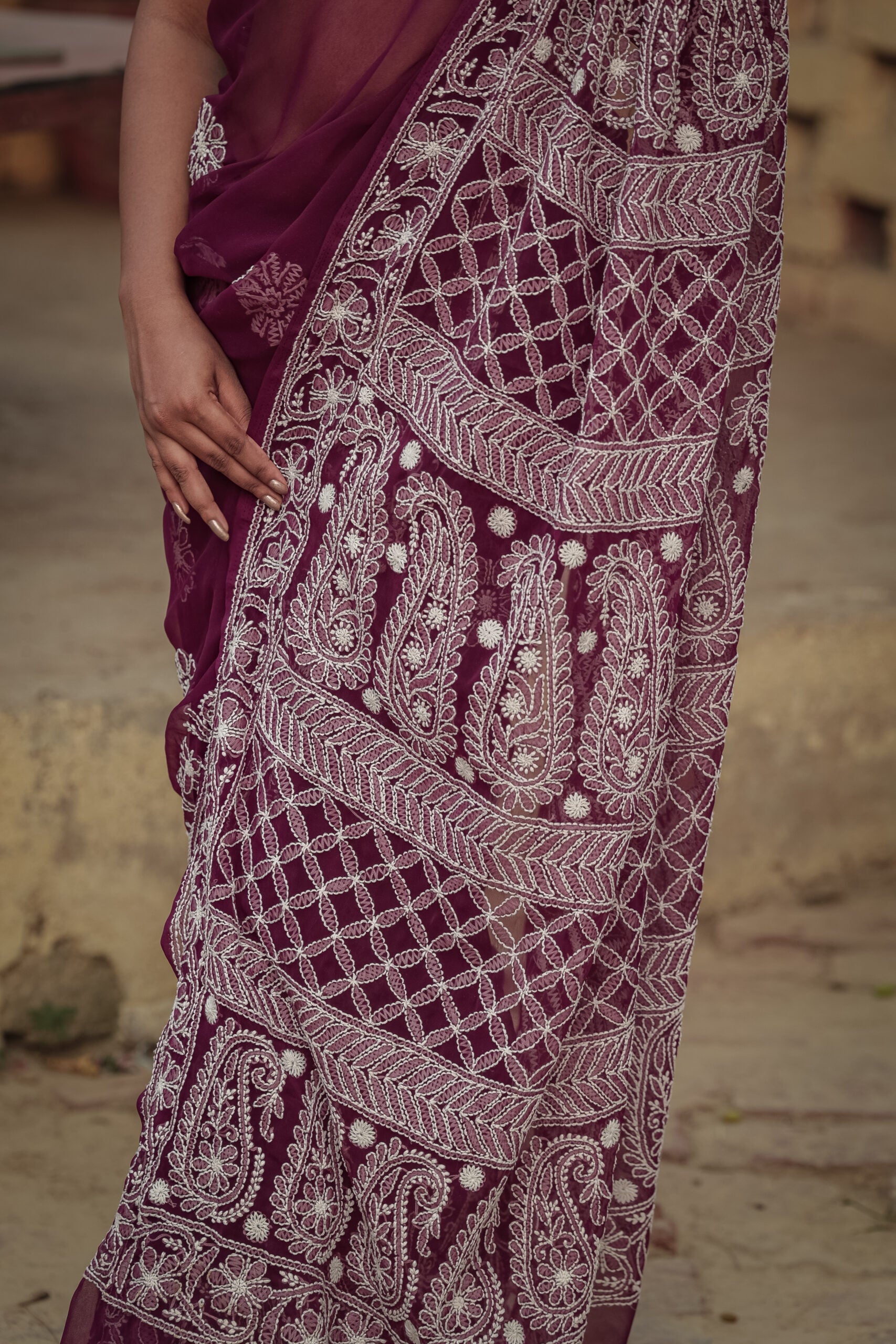Purple Viscose Georgette Chikankari Skirt Border Palla Saree