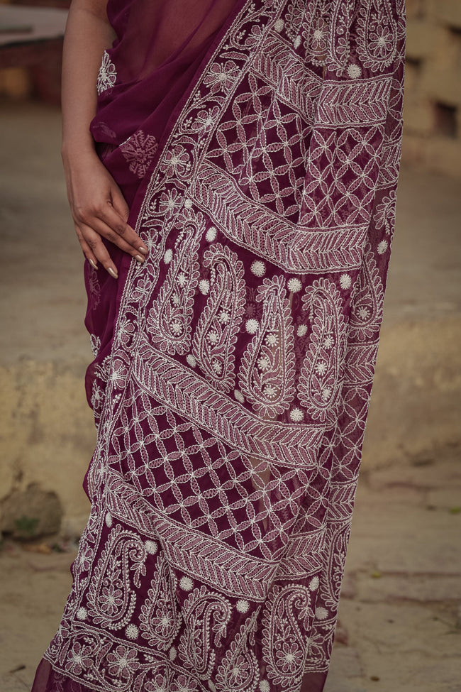 Urviya Chikankari Viscose Georgette Saree with Skirt Border Purple