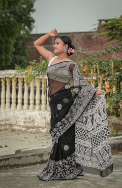Black Viscose Georgette Chikankari Skirt Border Palla Saree
