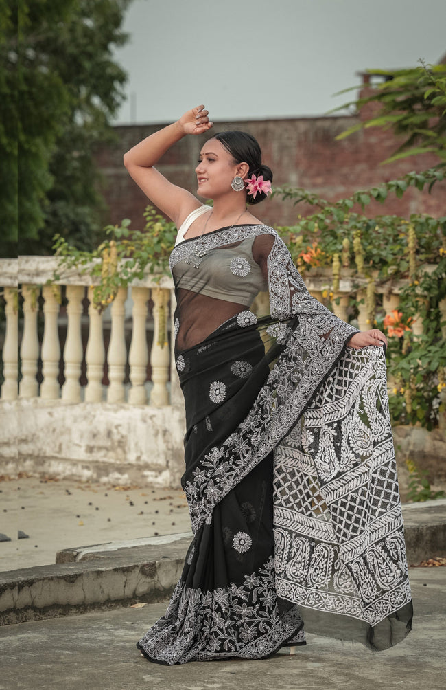Urviya Chikankari Viscose Georgette Saree with Skirt Border Black