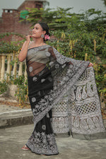 Urviya Chikankari Viscose Georgette Saree with Skirt Border Black