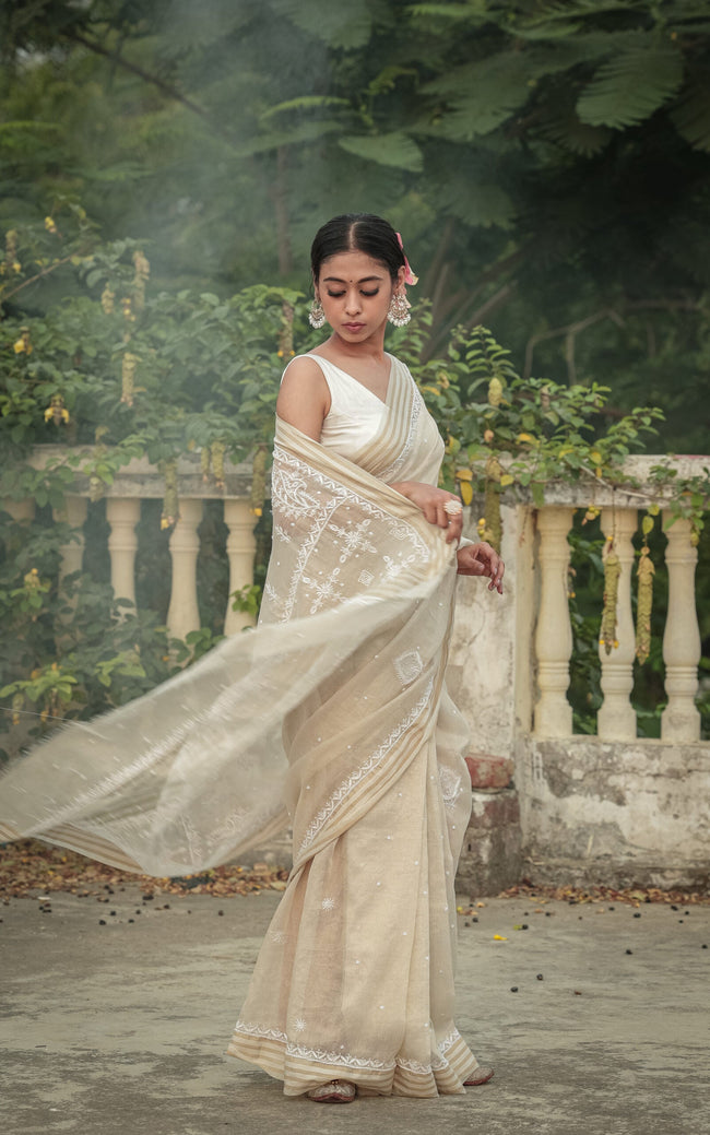 Urviya Chikankari Pure Tissue Saree - Pearl And Cutdana Work