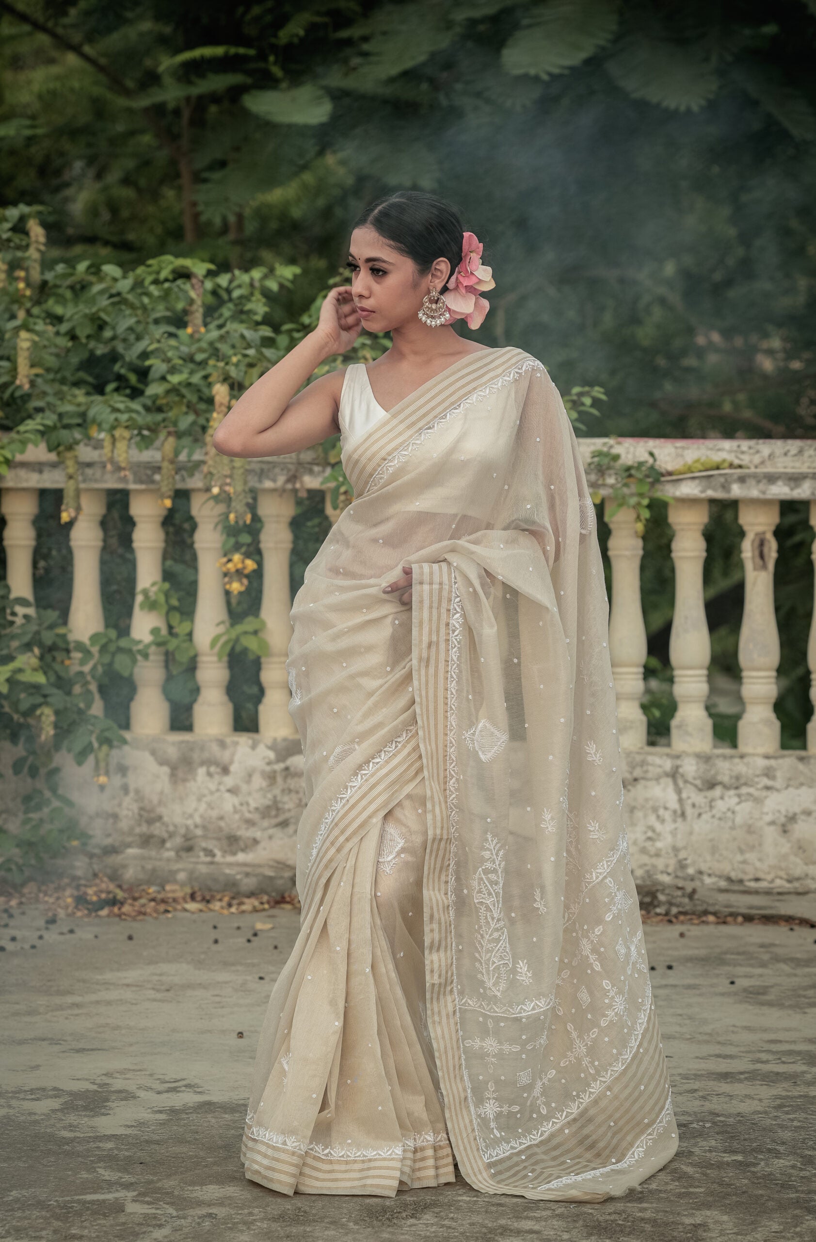 Urviya Chikankari Pure Tissue Saree - Pearl And Cutdana Work