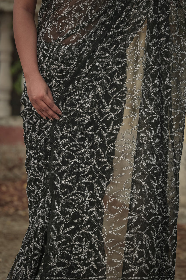 Urviya Chikankari Viscose Georgette Saree with Tepchi Work Black