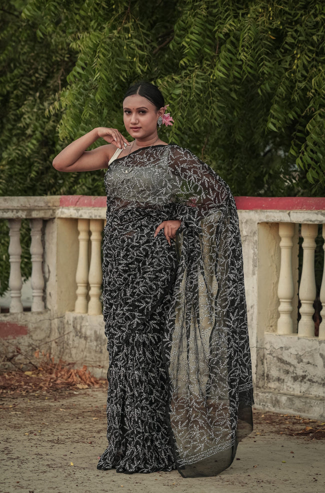 Urviya Chikankari Viscose Georgette Saree with Tepchi Work Black