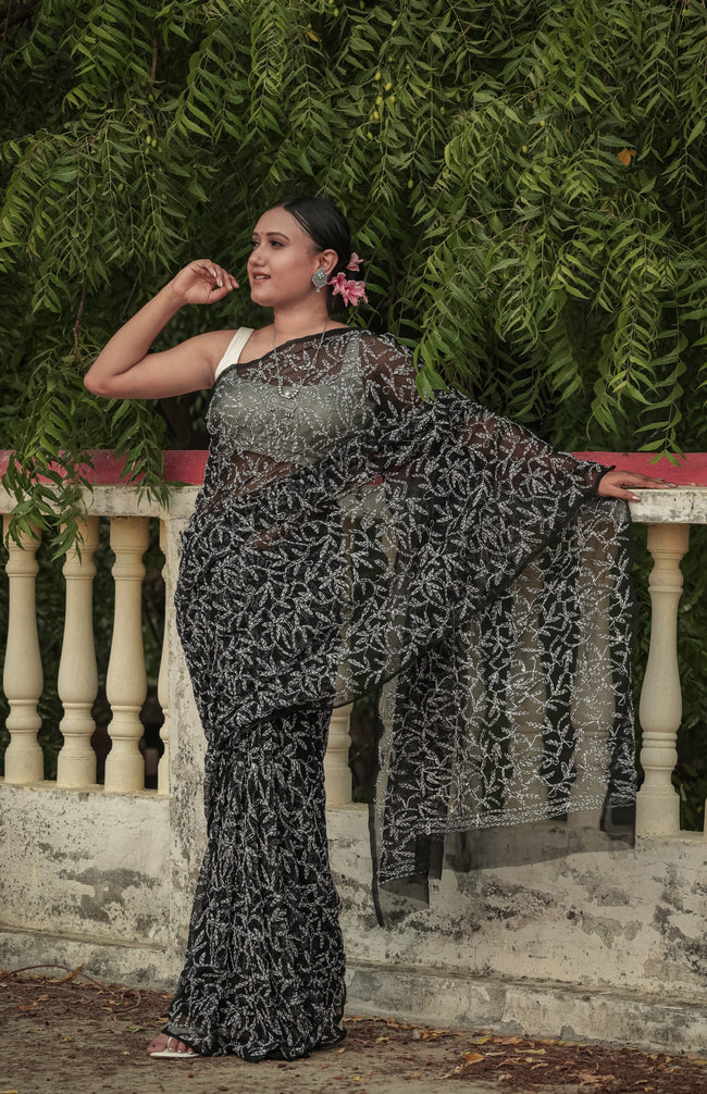 Urviya Chikankari Viscose Georgette Saree with Tepchi Work Black