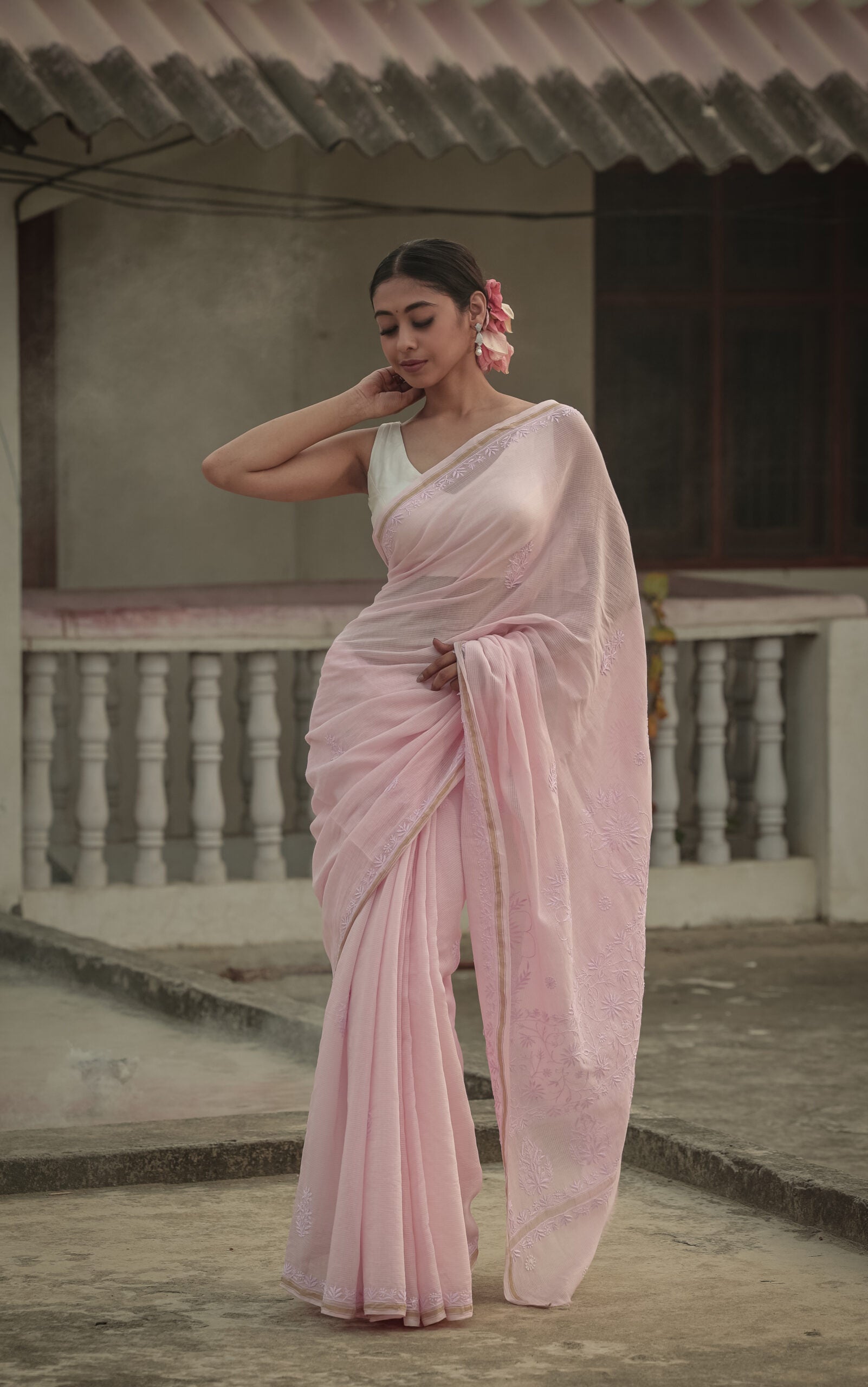 Urviya Chikankari Maheshwari Cotton Saree - Tone on Tone Pink